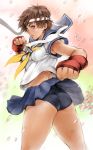  1girl ass bandages blue_eyes breasts brown_hair buruma fingerless_gloves from_behind gloves headband highres kasugano_sakura lips makimura_shunsuke midriff panties panties_under_buruma school_uniform serafuku short_hair solo street_fighter street_fighter_zero thighs underwear 