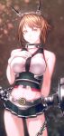  1girl arm_behind_back breasts brown_eyes brown_hair chain cowboy_shot gloves hand_on_own_chest headgear highres kantai_collection looking_at_viewer machinery mstm mutsu_(kantai_collection) navel short_hair skirt solo white_gloves 