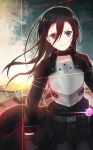  1boy armor black_hair energy_sword highres jugatsu_junichi kirito kirito_(sao-ggo) lens_flare lightsaber long_hair looking_at_viewer serious solo sword sword_art_online violet_eyes weapon wind 