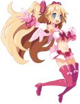  1girl :d blonde_hair blue_eyes blush boots bracelet crop_top disgaea disgaea_d2 elbow_gloves flonne gloves hair_ornament halterneck harada_takehito heart_hair_ornament jewelry jumping long_hair magical_girl midriff miniskirt multicolored_eyes navel open_mouth outstretched_arm pink_eyes pink_legwear pure_flonne skirt smile solo thigh-highs thigh_boots twintails very_long_hair white_background 