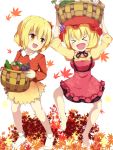  &gt;_&lt; 3girls :d ^_^ aki_minoriko aki_shizuha baron_(x5qgeh) basket blonde_hair breasts carrot carrying closed_eyes eggplant food fruit grapes hair_ornament hat highres leaf leaf_hair_ornament lifting mob_cap multiple_girls open_mouth short_hair smile soga_no_tojiko tomato touhou vegetable xd yellow_eyes 