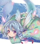  1girl asa_(coco) blue_hair breasts curly_hair floral_print head_fins japanese_clothes kimono looking_at_viewer mermaid monster_girl obi outstretched_arms petals red_eyes sash short_hair solo swimming tassel touhou underwater wakasagihime 