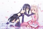  2girls alc_(ex2_lv) all_fours arm_support blush boots detached_sleeves fate/kaleid_liner_prisma_illya fate_(series) flower hair_ornament hair_ribbon hand_in_another&#039;s_hair highres illyasviel_von_einzbern lily_(flower) long_hair magical_girl miyu_edelfelt multiple_girls petals pink_eyes pink_legwear prisma_illya purple_legwear ribbon silver_hair sitting thigh-highs thigh_boots two_side_up yellow_eyes 