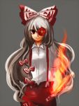  1girl bow burning cowboy_shot dress_shirt embers eyepatch fire flame flower flower_eyepatch fujiwara_no_mokou grey_background hair_bow hair_ribbon long_hair long_sleeves looking_away mayo_(mayomr29) pants red_eyes red_pants ribbon shirt simple_background smile solo suspenders touhou tress_ribbon very_long_hair white_hair white_shirt 