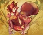  1girl animal_ears arlmuffin bloomers brown_eyes brown_hair futatsuiwa_mamizou glasses leaf leaf_on_head leaning_forward raccoon_ears raccoon_tail smile tail touhou underwear 