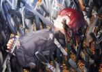  highres knife looking_at_viewer lying on_back original red_eyes redhead rff_(3_percent) shell_casing solo sword weapon 