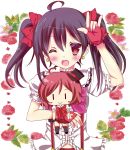  1girl ;d ahoge black_hair bokura_wa_ima_no_naka_de bow character_doll fang fingerless_gloves gloves hair_bow hair_ribbon looking_at_viewer love_live!_school_idol_project nishikino_maki one_eye_closed open_mouth red_eyes red_gloves redhead ribbon rika-tan_(rikatantan) smile solo twintails yazawa_nico |_| 