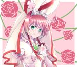  1girl chinmi_megu clover commentary_request elphelt flower four-leaf_clover gloves green_eyes guilty_gear guilty_gear_xrd heart payot redhead rose smile solo veil 
