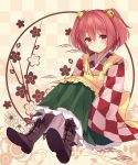  1girl apron bell boots character_name checkered cross-laced_footwear full_body hair_bell hair_ornament japanese_clothes kimono lace-up_boots looking_at_viewer motoori_kosuzu nagisa3710 red_eyes redhead sitting smile solo touhou two_side_up 