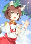  1girl animal_ears blue_sky bow brown_eyes brown_hair cat_ears cat_tail chen clouds dress ear_piercing fang jewelry long_sleeves mob_cap multiple_tails open_mouth piercing ponpoko red_dress red_fingernails shirt single_earring sky solo tail touhou 