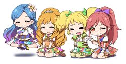  &gt;_&lt; 4girls :d ;) ^_^ aikatsu! blonde_hair blue_hair blush bow brown_eyes brown_hair chibi clearite closed_eyes drill_hair floating flower hair_bow hair_flower hair_ornament hair_ribbon hands_together himesato_maria indian_style kazesawa_sora long_hair mole multiple_girls one_eye_closed open_mouth otoshiro_seira ponytail ribbon saegusa_kii sitting smile twintails 