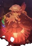  1girl :d ascot flandre_scarlet hat ibuki_notsu looking_at_viewer mob_cap open_mouth reaching side_ponytail slit_pupils smile smirk solo touhou vampire wings 