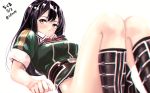  1girl black_hair blurry character_name chikuma_(kantai_collection) depth_of_field infinote kantai_collection long_hair looking_at_viewer lying no_panties on_back solo twitter_username uniform white_background yellow_eyes 