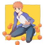  1boy color_connection emiya_shirou fate/stay_night fate_(series) food fruit no_shoes orange orange_hair pinki_(shounenkakuseiya) raglan_sleeves socks solo yellow_eyes 