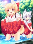  2girls :&lt; :d animal_ears blonde_hair bow fang forest fox_ears fox_tail hair_bow hakama_skirt haori in_water japanese_clothes multiple_girls nature nontraditional_miko open_mouth original partially_submerged roshin short_hair short_sleeves silver_hair skirt_hold smile tail tree water water_drop 