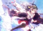 1girl brown_eyes clenched_hand detached_sleeves grey_hair haruna_(kantai_collection) kantai_collection long_hair looking_at_viewer machinery non_(nobu) nontraditional_miko ocean pleated_skirt skirt solo thigh-highs turret warship zettai_ryouiki 