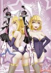  2girls absurdres aeolian_achtelnote animal_ears ass bare_back bare_shoulders blonde_hair breasts bunny_girl bunny_tail bunnysuit cleavage cototiworld covered_navel curly_hair elbow_gloves fake_animal_ears fishnet_legwear fishnets gloves hand_on_hip headband highres ionian_achtelnote multiple_girls musical_note open_mouth rabbit_ears short_hair siblings sisters smile star starry_background symbol-shaped_pupils tail teeth thigh-highs thighs tongue tray yellow_eyes yumekui_merry 