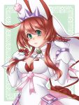  1girl breasts cleavage cleavage_cutout clover commentary_request elphelt flower four-leaf_clover gloves green_eyes guilty_gear guilty_gear_xrd highres orippa payot redhead rose solo 