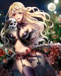 1girl bare_shoulders between_breasts black_gloves black_legwear blonde_hair blush breasts dress earrings elbow_gloves flower frills full_moon garter_belt garter_straps gloves hand_between_breasts impossible_clothes jewelry kurosawa_itsuki large_breasts looking_at_viewer moon navel night original petals pointy_ears red_eyes rose skull smile solo thigh-highs thigh_gap vampire 