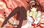  1girl animal_ears brown_eyes brown_hair cat_ears cat_tail long_hair looking_at_viewer lying no_shoes original pillow pillow_hug solo striped striped_legwear tail tan_(tangent) vertical-striped_legwear vertical_stripes 