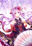  1girl album_cover butterfly cover detached_sleeves floral_print flower hair_flower hair_ornament japanese_clothes jewelry kimono looking_at_viewer momoko_(momoko14) necklace obi parasol parted_lips purple_hair sash solo twintails umbrella v_arms violet_eyes vocaloid yuzuki_yukari 
