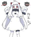  1girl :d ahoge breathing_fire fire horns kantai_collection long_hair looking_at_viewer mittens northern_ocean_hime open_mouth pale_skin red_eyes shinkaisei-kan smile solo sweatdrop tokoi white_hair 
