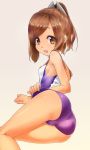  1girl ass bare_shoulders blush brown_eyes brown_hair highres i-401_(kantai_collection) kantai_collection looking_at_viewer one-piece_swimsuit open_mouth ponytail sailor_collar school_swimsuit school_uniform short_hair short_ponytail smile solo swimsuit swimsuit_lift tori_kaku 