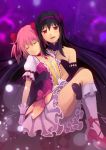  2girls :d akemi_homura akuma_homura black_hair bow carrying closed_eyes elbow_gloves elrowa gloves hair_bow hair_ribbon hairband highres kaname_madoka long_hair looking_at_viewer mahou_shoujo_madoka_magica mahou_shoujo_madoka_magica_movie multiple_girls open_mouth pink_hair princess_carry red_eyes ribbon smile twintails yuri 