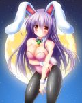  1girl animal_ears arm_support ascot bare_arms bare_shoulders between_breasts black_legwear black_ribbon blush blush_stickers breast_hold breasts bunny_girl bunnysuit carrot choker cleavage covered_navel crescent food fruit full_moon highres large_breasts leaning_forward leotard long_hair looking_at_viewer moon navel open_mouth osashin_(osada) pantyhose purple_hair rabbit rabbit_ears red_eyes reisen_udongein_inaba ribbon smile solo sweatdrop thigh_gap touhou very_long_hair wrist_cuffs 
