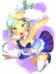  1girl aqua_eyes aqua_hair choker earrings hair_ornament hairclip highres jewelry looking_at_viewer lucia_(pokemon) open_mouth pokemon pokemon_(game) pokemon_oras showgirl_skirt solo striped striped_legwear tekina thigh-highs white_background 