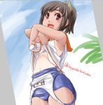  1girl bare_shoulders blush brown_hair i-401_(kantai_collection) ikuya_daikokudou kantai_collection looking_at_viewer one-piece_swimsuit open_mouth ponytail red_eyes sailor_collar school_swimsuit school_uniform short_hair short_ponytail smile solo swimsuit tan twitter_username undressing 