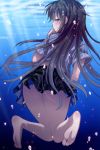  1girl barefoot blue_eyes bubble flower hair_flower hair_ornament long_hair original saki_chisuzu school_uniform skirt solo underwater 