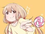  &gt;:) 1girl brown_eyes brown_hair candy futaba_anzu fuu_(07199382) holding idolmaster idolmaster_cinderella_girls lollipop long_hair looking_at_viewer low_twintails smile solo t-shirt twintails 