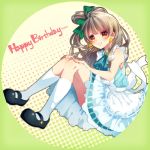  1girl blush brown_hair dress earrings full_body happy_birthday heart heart_earrings jewelry kneehighs korekara_no_someday long_hair love_live!_school_idol_project mary_janes minami_kotori orange_eyes rinndouk shoes side_ponytail socks solo white_legwear 