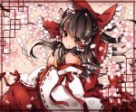  1girl bare_shoulders bow brown_eyes brown_hair cherry_blossoms detached_sleeves dress frame gohei hair_bow hair_tubes hakurei_reimu happy_birthday long_sleeves petals red_dress ribbon-trimmed_sleeves ribbon_trim sash smile solo touhou toutenkou wide_sleeves 