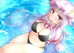  1girl bikini black_bikini blush breasts capelet cleavage coat crescent_hair_ornament hair_ornament hair_ribbon large_breasts long_hair mob_cap mouth_hold navel open_clothes open_coat patchouli_knowledge purple_hair ram_hachimin ribbon shirt shirt_in_mouth shirt_lift side-tie_bikini solo swimsuit touhou tress_ribbon very_long_hair violet_eyes water 