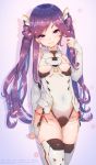  1girl bodysuit breasts cowboy_shot elbow_gloves fangxiang_cuoluan fingerless_gloves gloves highres long_hair original purple_hair see-through solo thigh-highs two_side_up under_boob very_long_hair violet_eyes 