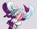  arm_blade cape gallade grey_background highres horns looking_at_viewer mega_gallade mega_pokemon no_humans pokemon pokemon_(creature) pokemon_(game) pokemon_oras red_eyes shadow simple_background solo spikes weapon wolpan 