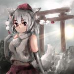  1girl animal_ears bare_shoulders breasts detached_sleeves hat inubashiri_momiji iwasaki_mahiro looking_at_viewer midriff navel pom_pom_(clothes) red_eyes short_hair silver_hair solo tail tokin_hat touhou wolf_ears wolf_tail 