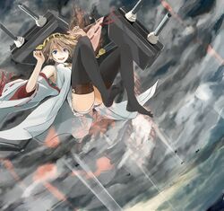  1girl black_legwear blue_eyes brown_hair clouds detached_sleeves doraragi floating headgear hiei_(kantai_collection) highres kantai_collection light_rays looking_at_viewer machinery no_shoes nontraditional_miko panties pantyshot short_hair sky smile solo sunbeam sunlight thigh-highs underwear 