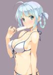  1girl ahoge bikini blue_hair braid breasts cleavage gintarou_(kurousagi108) green_eyes looking_at_viewer popsicle strap_gap swimsuit white_hair 