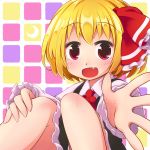  :d blonde_hair crescent fang foreshortening frilled_skirt frills hair_ribbon jagabutter open_mouth red_eyes ribbon rumia shirt short_hair skirt smile touhou 