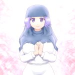  1girl breasts hands_together hood kumoi_ichirin large_breasts light_rays long_sleeves looking_at_viewer purple_hair shirosato short_hair smile solo touhou violet_eyes 