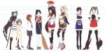  6+girls armor black_eyes black_hair broom brown_hair cafe_choco cape crossed_arms dark_skin eyepatch gloves goggles goggles_on_head green_eyes green_hair hair_ornament hair_ribbon hairband hands_on_hips hat height_chart highres houshou_(kantai_collection) ikazuchi_(kantai_collection) japanese_clothes kaga_(kantai_collection) kantai_collection kiso_(kantai_collection) maru-yu_(kantai_collection) midriff multiple_girls muneate musashi_(kantai_collection) navel pantyhose ponytail ribbon sarashi side_ponytail silver_hair swimsuit sword thigh-highs twintails umbrella weapon yamato_(kantai_collection) zuikaku_(kantai_collection) 