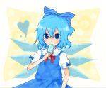  1girl arm_ribbon blue_eyes blue_hair bow bowtie bust cirno collared_shirt dress dress_shirt eating flower food frilled_collar hair_bow heart ice ice_cream ice_wings looking_at_viewer mayo_(mayomr29) puffy_short_sleeves puffy_sleeves shirt short_hair short_sleeves solo touhou white_shirt wings 