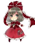  1girl :d bow chibi grey_eyes grey_hair hair_bow hair_ribbon kagiyama_hina long_hair looking_at_viewer miyakure open_mouth outstretched_arms ribbon simple_background smile solo spread_arms touhou white_background wrist_cuffs 