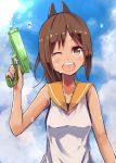  1girl ;p bare_shoulders breasts brown_eyes brown_hair i-401_(kantai_collection) kantai_collection konkito one-piece_swimsuit one_eye_closed open_mouth ponytail sailor_collar school_swimsuit school_uniform short_hair short_ponytail smile solo swimsuit tongue tongue_out water_gun 