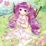  1girl absurdres barefoot blush butterfly_wings crown earrings flower grass highres huge_filesize jewelry long_hair looking_at_viewer original outdoors purple_hair red_eyes sitting smile solo toeless_socks twintails wasabi_(sekai) water wings 
