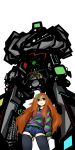  1girl 4chan absurdres clover crossed_arms deel_(rkeg) flat_chest freckles game_boy green_eyes highres hood_down long_hair mecha orange_hair robot shorts solo striped striped_hoodie thigh-highs very_long_hair vivian_james zettai_ryouiki 