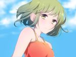  1girl :/ casual close-up collarbone fuu_(07199382) green_eyes green_hair gumi highres looking_at_viewer short_hair solo vocaloid wind 
